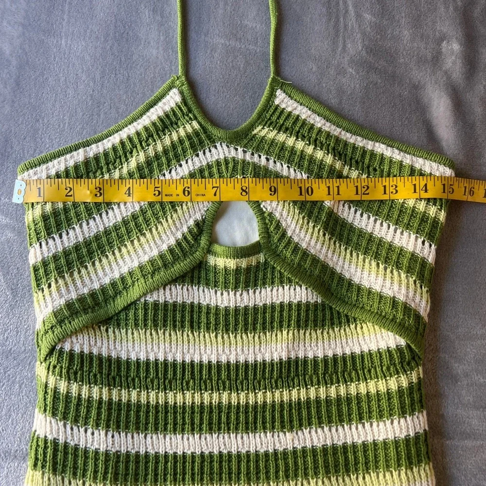 Sincerely Jules Green Striped Crochet Halter Midi Dress Keyhole Cutout Size M‎